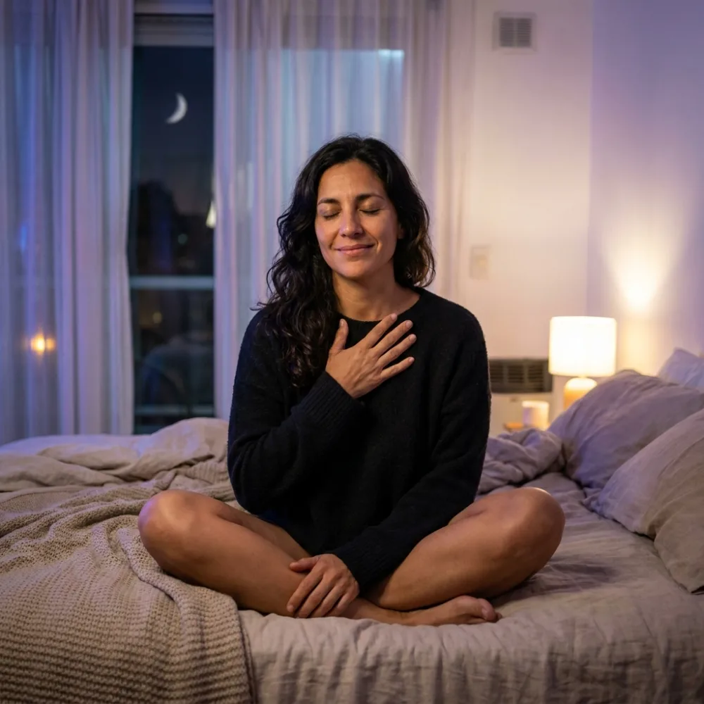 Mujer practicando una técnica de respiración consciente antes de dormir en su habitación de noche