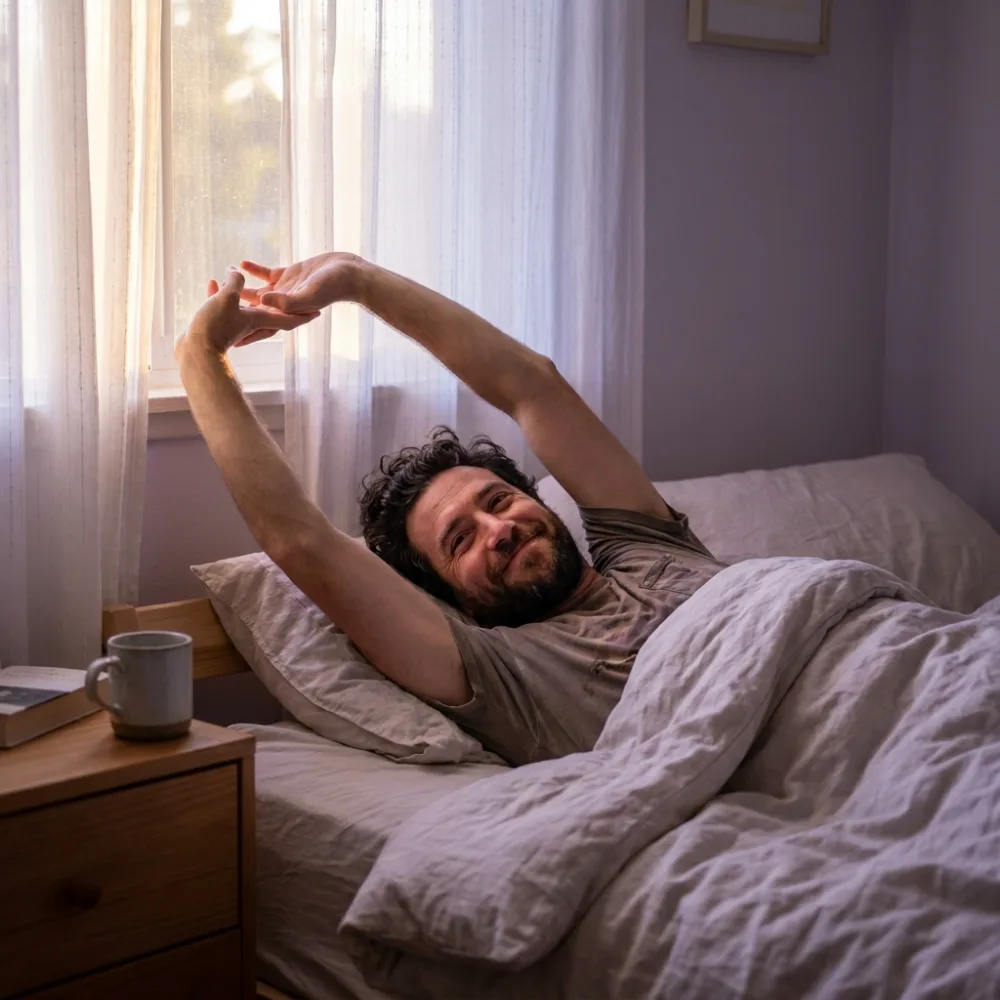 Hombre despertando descansado por la mañana, estirándose con luz suave de la ventana