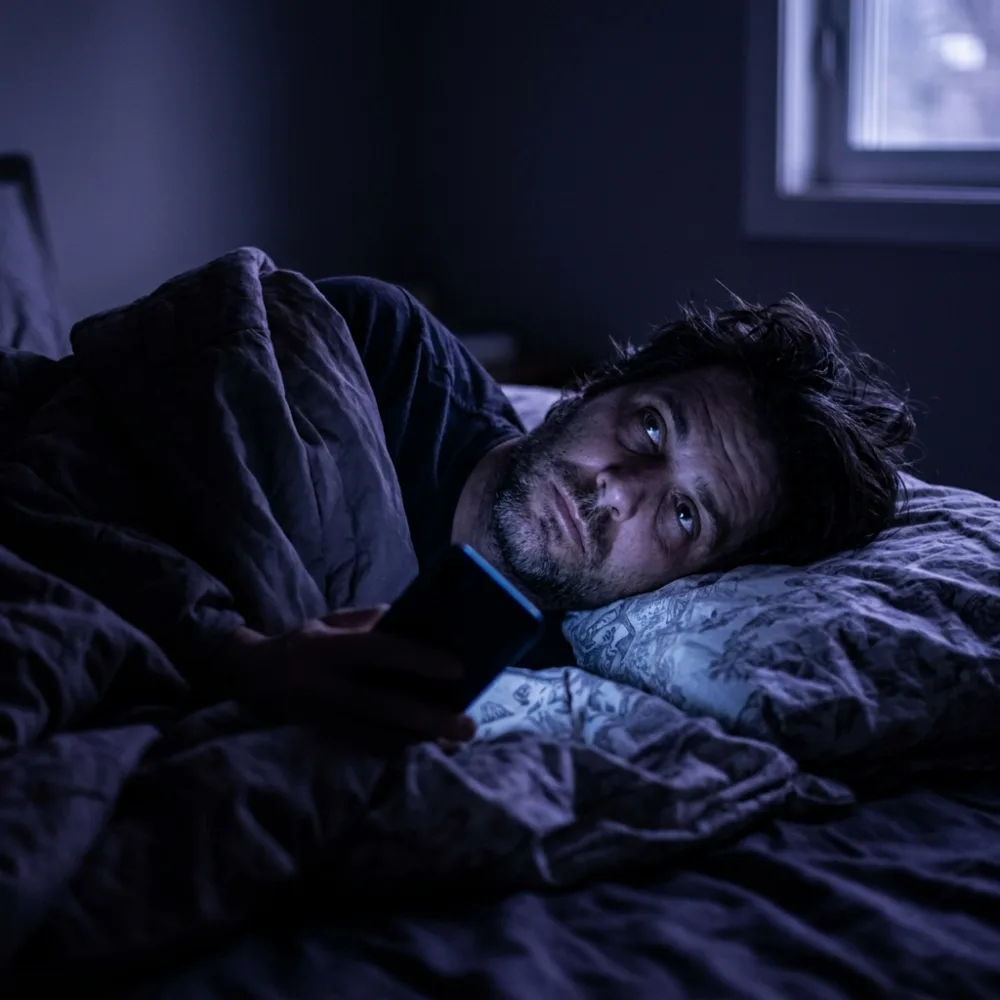 Hombre despierto de madrugada, con insomnio y ansiedad, mirando el celular en la cama